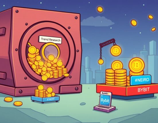 A cartoon illustration showing a large entity depositing NEIRO token into cryptocurrency exchanges, signaling significant market activity.