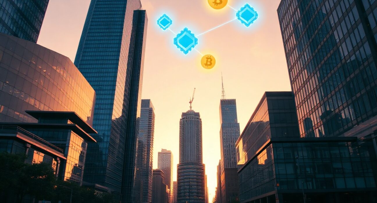 Financial district skyline with glowing digital blockchain symbols representing on-chain value and capital flow.