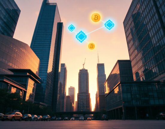 Financial district skyline with glowing digital blockchain symbols representing on-chain value and capital flow.