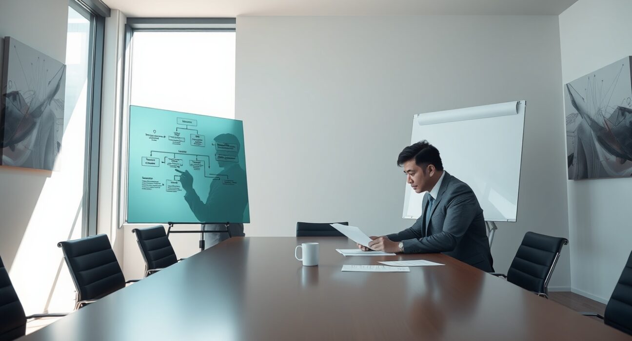 Neo co-founders discussing foundation restructuring in serious boardroom meeting about blockchain governance.