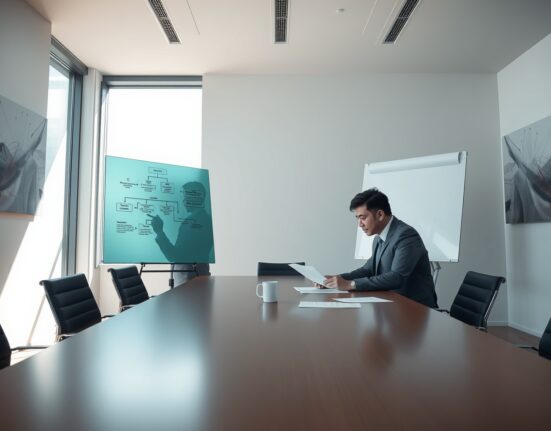 Neo co-founders discussing foundation restructuring in serious boardroom meeting about blockchain governance.