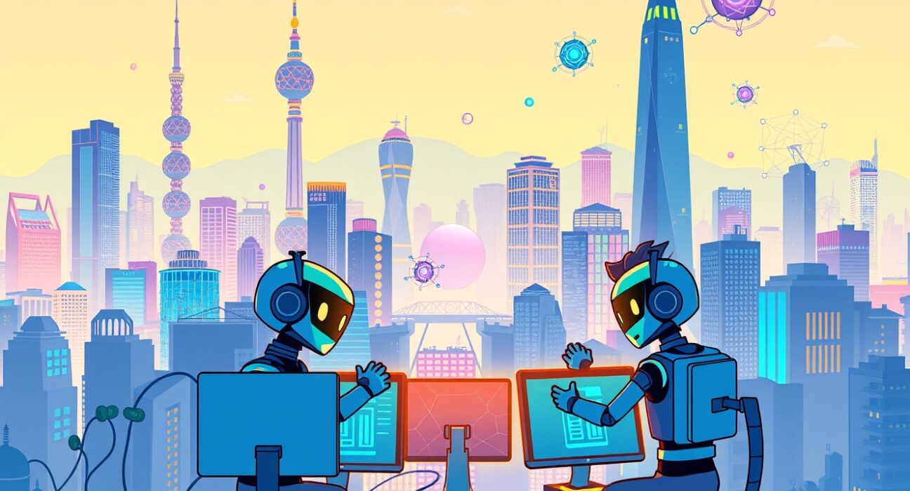 A vibrant cartoon scene of developers collaborating at the Neo and SpoonOS AI hackathon in Seoul.