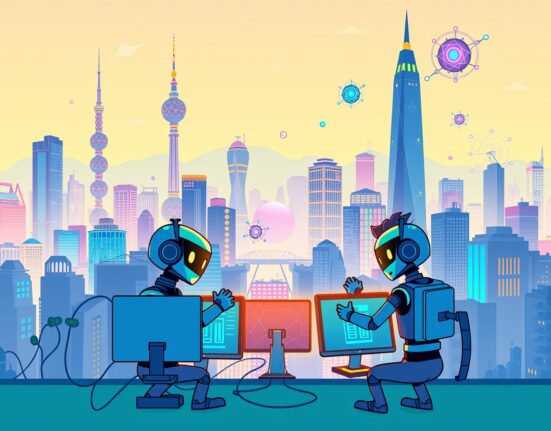 A vibrant cartoon scene of developers collaborating at the Neo and SpoonOS AI hackathon in Seoul.