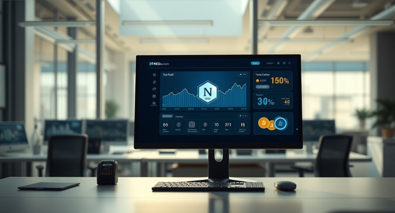 Computer monitor displaying Neo blockchain dashboard with stablecoin and AI strategy interface