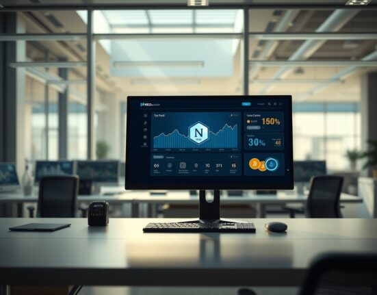 Computer monitor displaying Neo blockchain dashboard with stablecoin and AI strategy interface