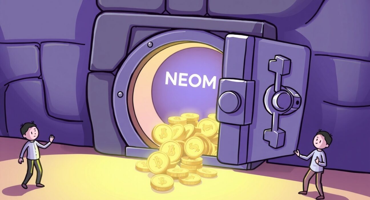 Cartoon illustration showing secure NEOM debt tokens being issued to compensate Nemo Protocol hack victims, symbolizing recovery and trust.