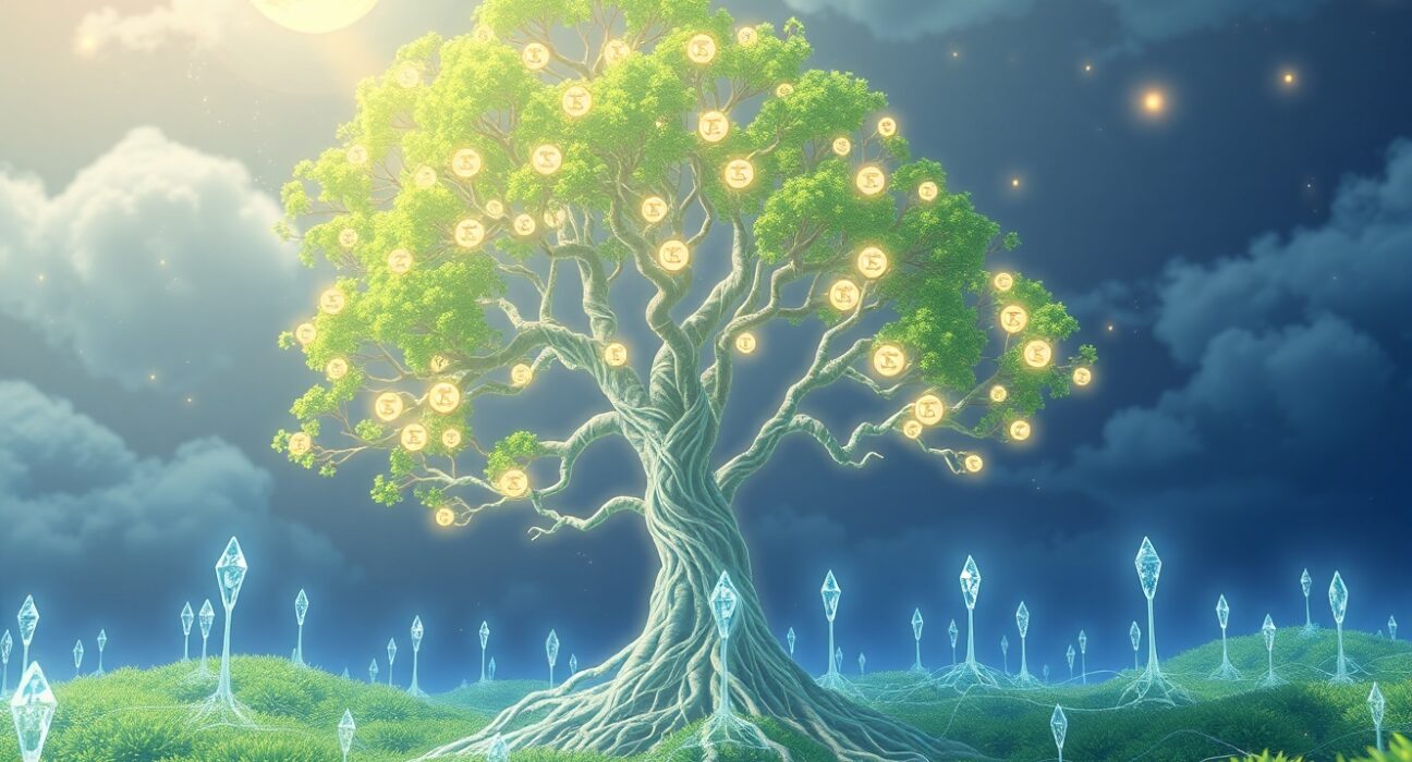 Nervos Network CKB token growth and blockchain technology visualized as a glowing digital tree.