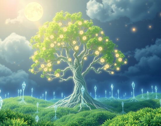 Nervos Network CKB token growth and blockchain technology visualized as a glowing digital tree.