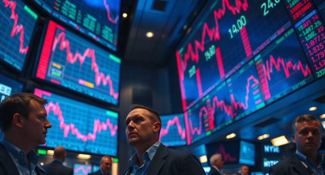 Traders monitoring stock charts on digital screens in a busy exchange floor with red and green market data.