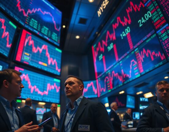 Traders monitoring stock charts on digital screens in a busy exchange floor with red and green market data.