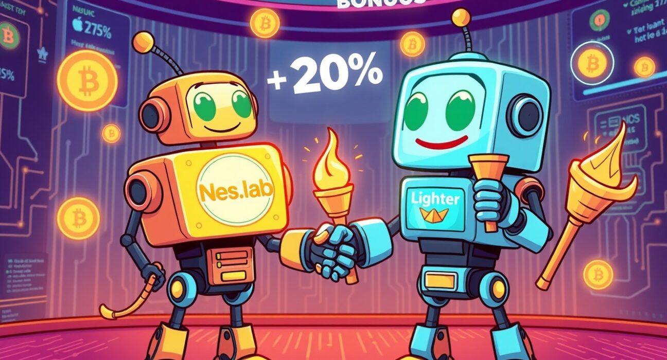 Nes.lab partners with DEX Lighter in a vibrant cartoon showing collaborative crypto trading with bonus rewards