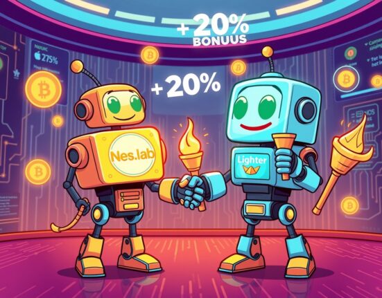 Nes.lab partners with DEX Lighter in a vibrant cartoon showing collaborative crypto trading with bonus rewards