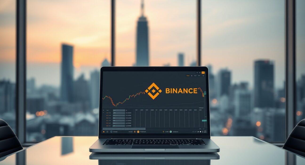 Laptop with stock trading interface and Binance reflection in a modern office with city skyline background