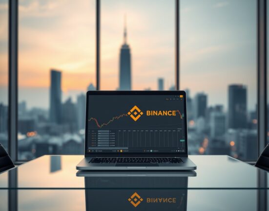 Laptop with stock trading interface and Binance reflection in a modern office with city skyline background