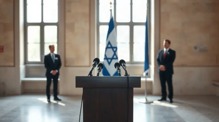 Empty podium and Israeli flag at a government press-conference setting in Jerusalem