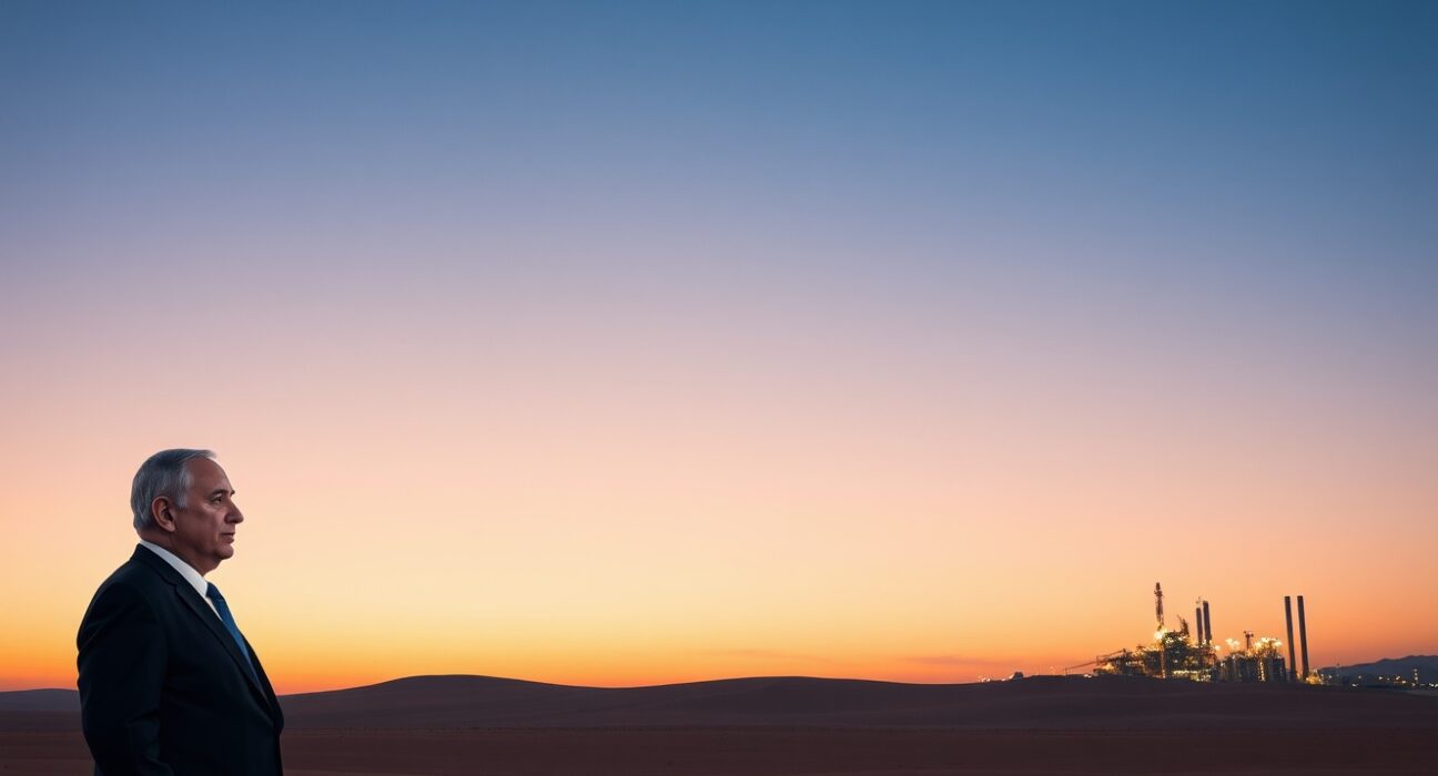 Benjamin Netanyahu standing near Iranian gas facility during Middle East security crisis
