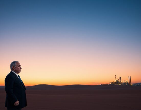 Benjamin Netanyahu standing near Iranian gas facility during Middle East security crisis