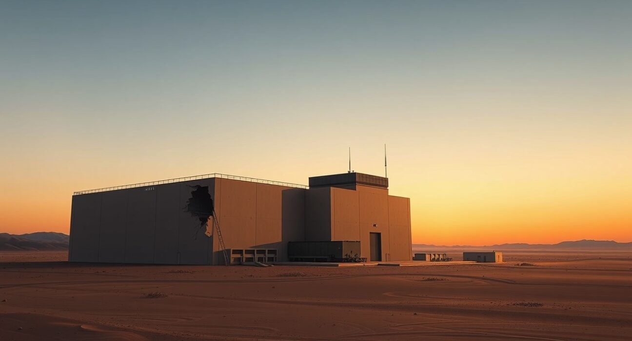 Netanyahu Iran war update showing symbolic damage to a nuclear facility, representing the reported strikes on Iran's nuclear program.