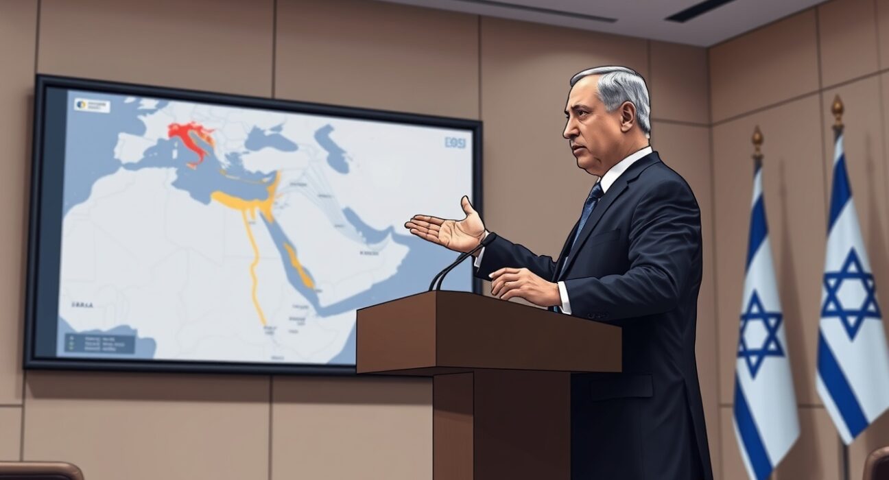 Prime Minister Netanyahu presents strategic charts on Middle East transformation during a policy address.