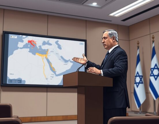 Prime Minister Netanyahu presents strategic charts on Middle East transformation during a policy address.