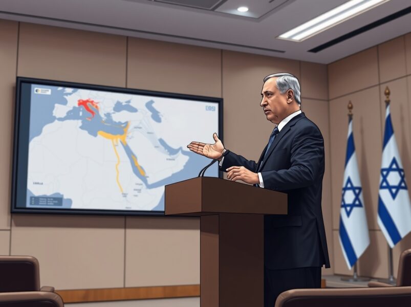 Prime Minister Netanyahu presents strategic charts on Middle East transformation during a policy address.