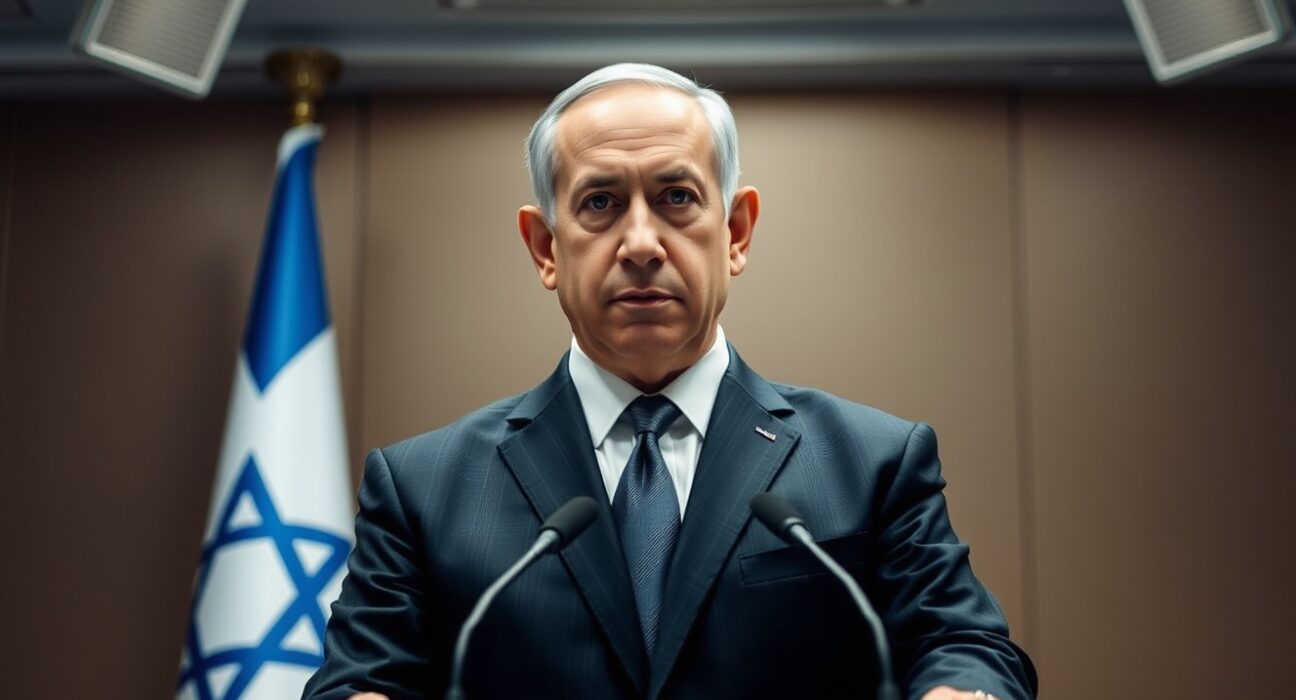 Israeli Prime Minister Benjamin Netanyahu making a statement on Hezbollah attacks and regional security.