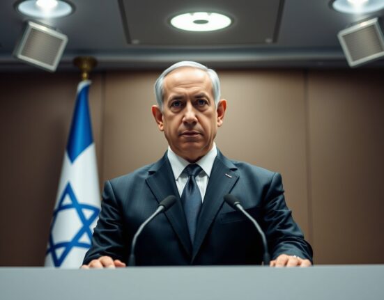 Israeli Prime Minister Benjamin Netanyahu making a statement on Hezbollah attacks and regional security.