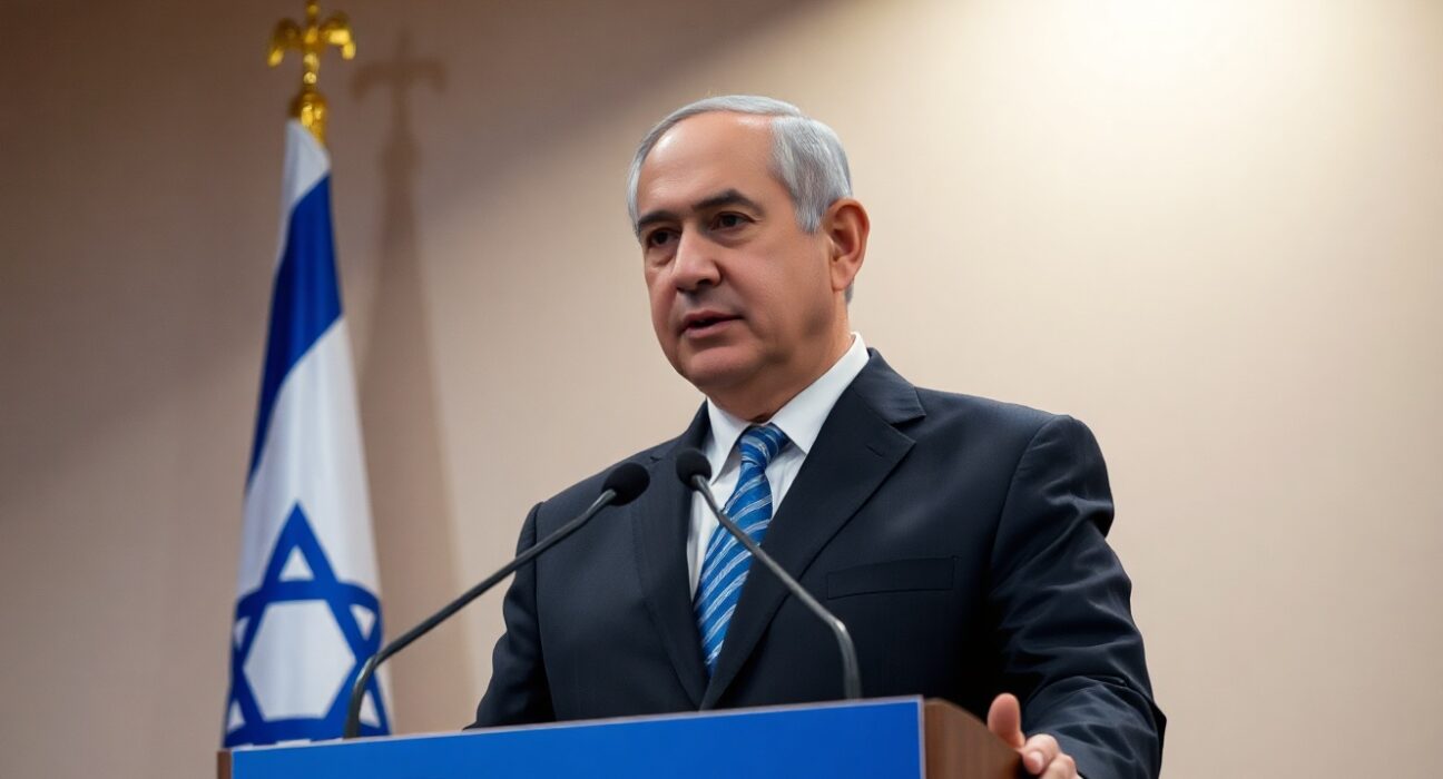 Israeli Prime Minister Benjamin Netanyahu speaking at a press conference, vowing to prevent Iran from obtaining nuclear weapons.