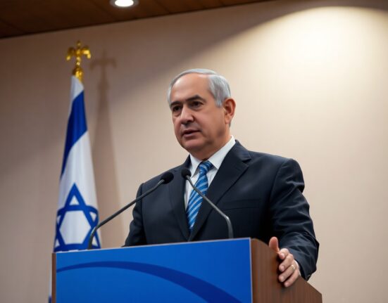 Israeli Prime Minister Benjamin Netanyahu speaking at a press conference, vowing to prevent Iran from obtaining nuclear weapons.