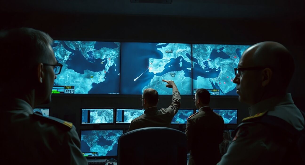 Israeli military command center analyzing regional threats from Iran and Hezbollah