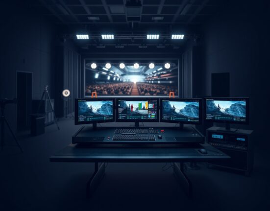 Professional film editing console representing Netflix's AI technology acquisition for content production.