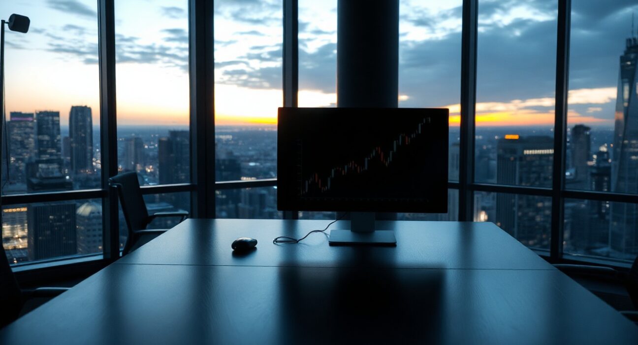 Empty office desk with financial charts on a monitor, representing the FTX collapse in the Netflix drama 'The Altruists'.
