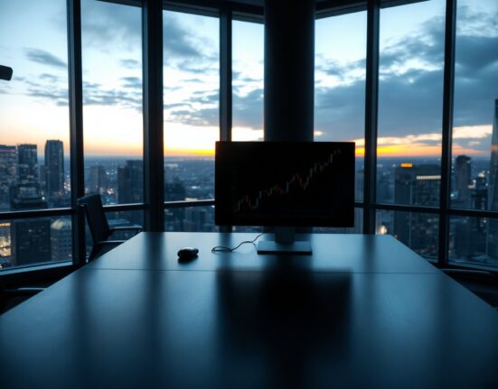 Empty office desk with financial charts on a monitor, representing the FTX collapse in the Netflix drama 'The Altruists'.