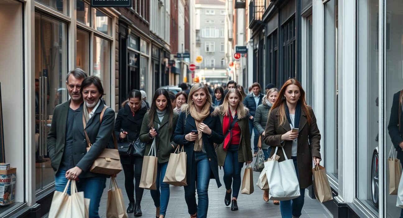 Shoppers on a Dutch high street carrying bags, reflecting consumer activity in June.