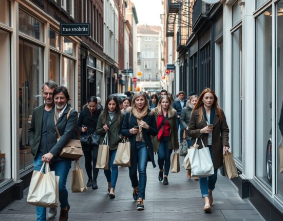 Shoppers on a Dutch high street carrying bags, reflecting consumer activity in June.