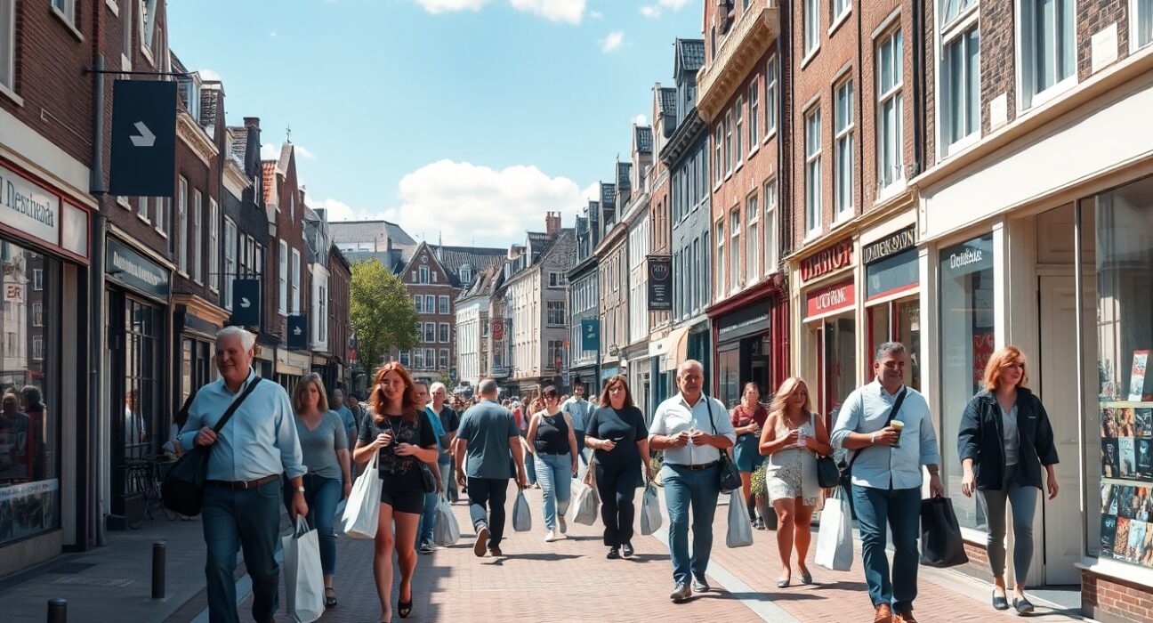 Shoppers on a busy street in Amsterdam, Netherlands, illustrating consumer spending activity.