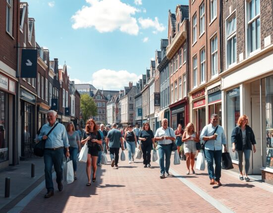 Shoppers on a busy street in Amsterdam, Netherlands, illustrating consumer spending activity.