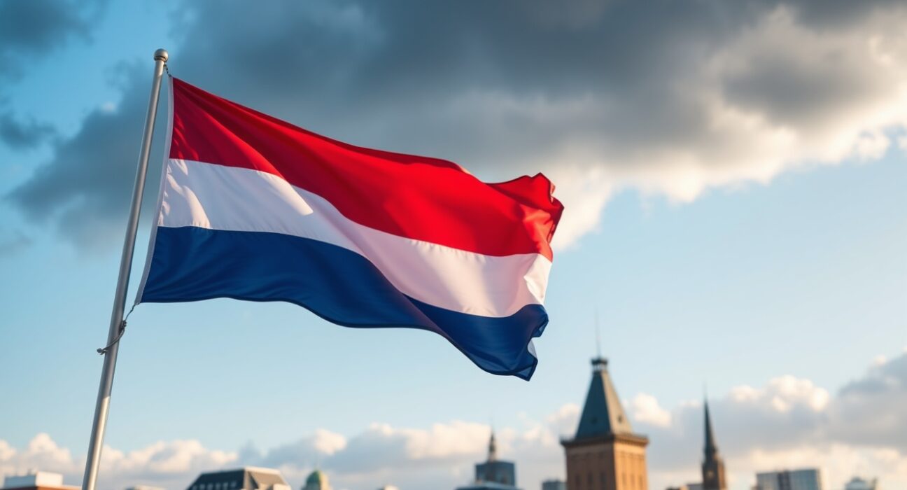 Dutch flag symbolizing Netherlands economy resilience against geopolitical storm clouds.