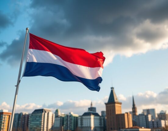 Dutch flag symbolizing Netherlands economy resilience against geopolitical storm clouds.