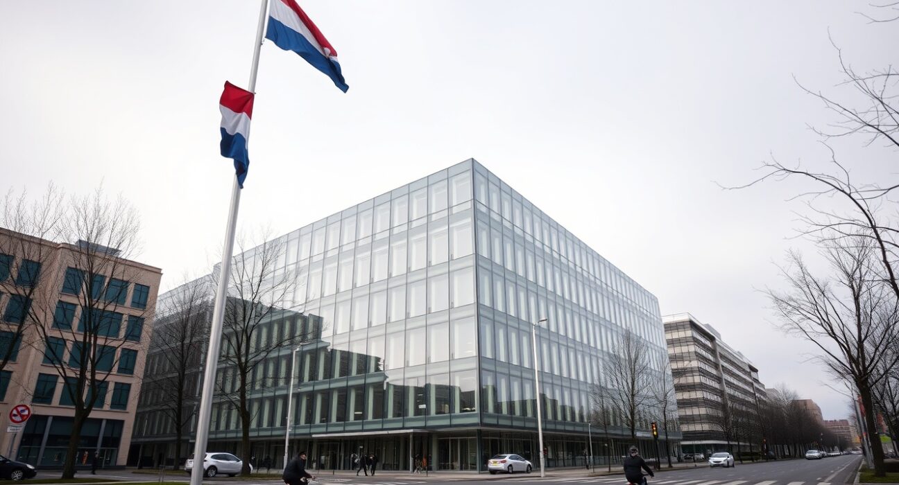 Modern office building in Amsterdam's Zuidas business district with Dutch flag, overcast sky