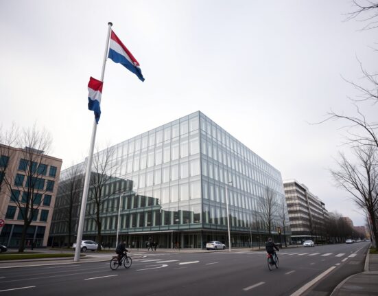 Modern office building in Amsterdam's Zuidas business district with Dutch flag, overcast sky