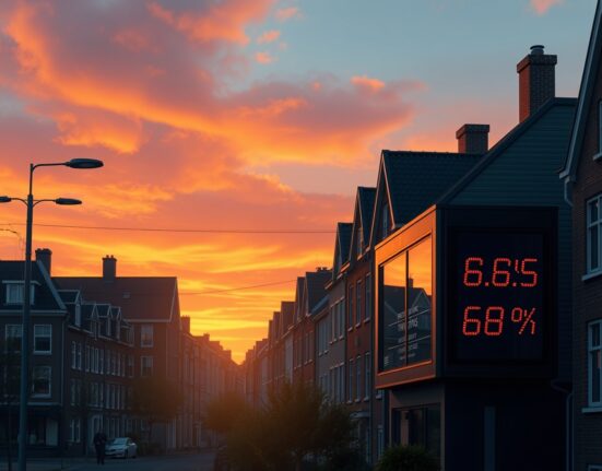 Analysis of Netherlands inflation vulnerability to an Iran energy shock, depicting economic uncertainty in an urban setting.