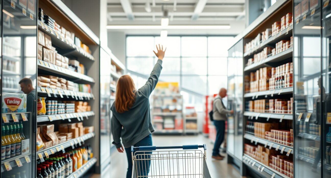 Shopper in a Dutch supermarket aisle looking at price tags, illustrating rising consumer prices.