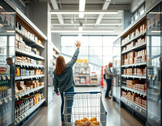 Shopper in a Dutch supermarket aisle looking at price tags, illustrating rising consumer prices.
