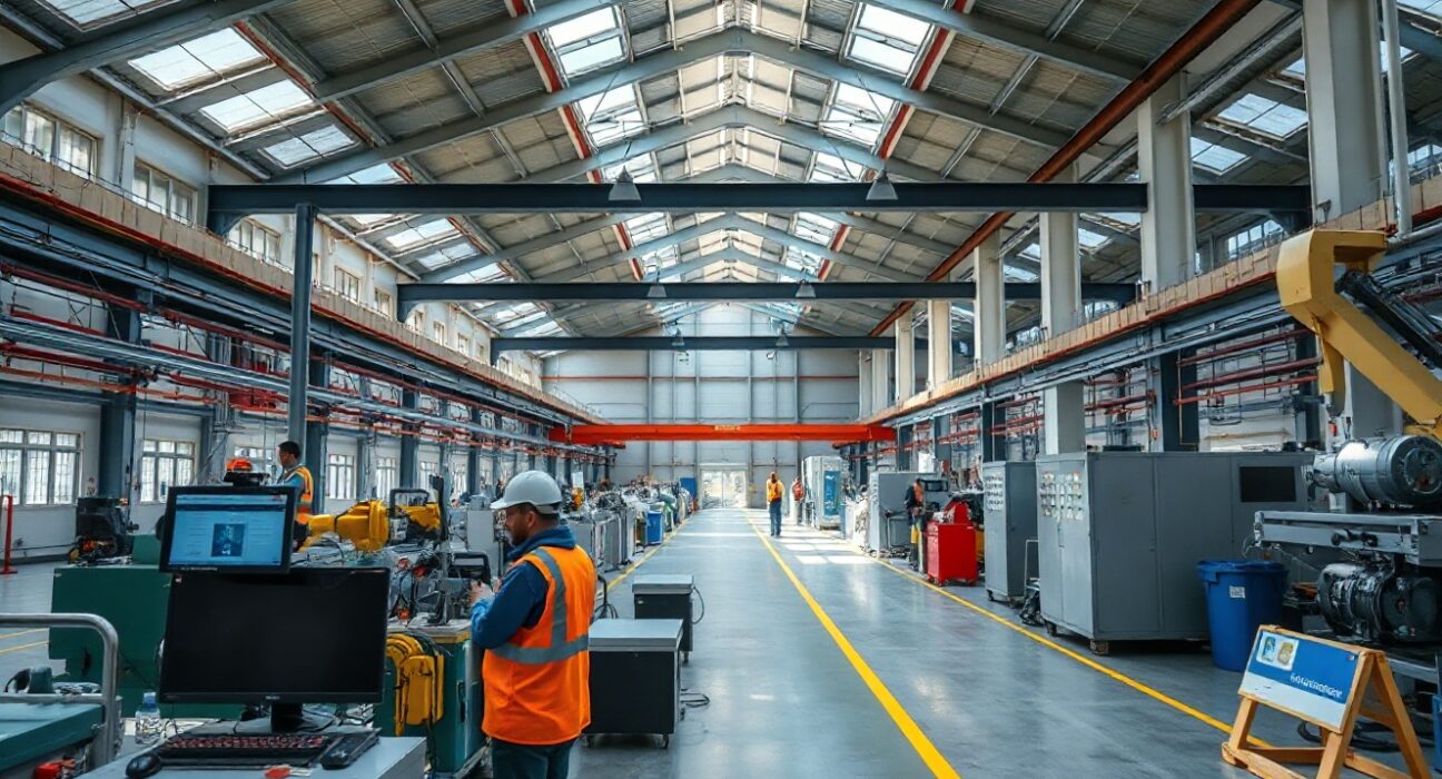 Dutch manufacturing facility interior with production lines and workers, illustrating industrial output changes.