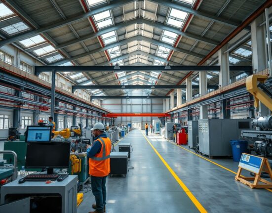 Dutch manufacturing facility interior with production lines and workers, illustrating industrial output changes.