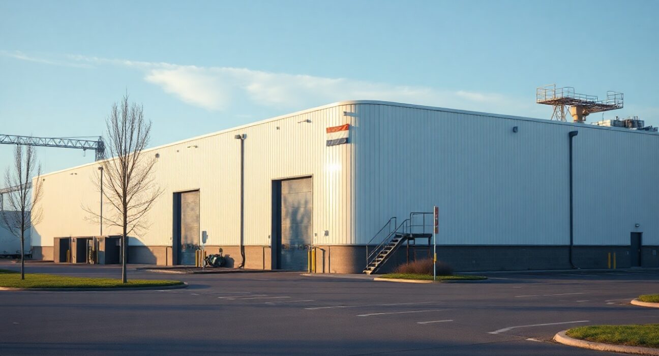 Exterior of a modern Dutch manufacturing facility on a clear day, representing industrial production.