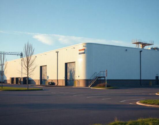 Exterior of a modern Dutch manufacturing facility on a clear day, representing industrial production.