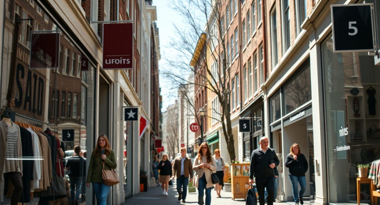 Shoppers on a busy Amsterdam street with storefronts, representing Dutch retail activity.