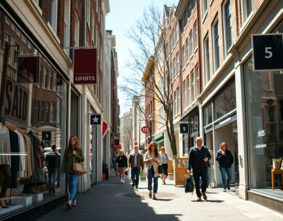 Shoppers on a busy Amsterdam street with storefronts, representing Dutch retail activity.
